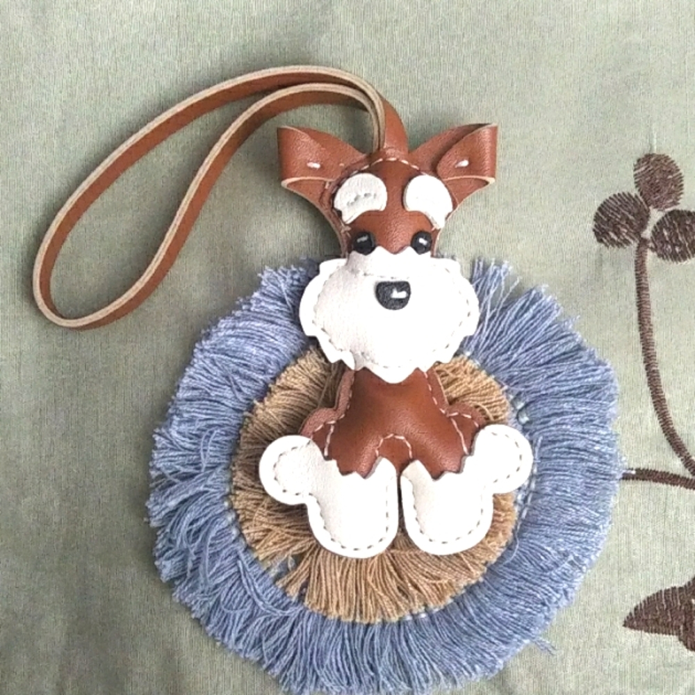 Leather Bag Charm Brown and White Dog